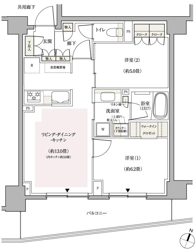パークホームズ横浜伊勢町の間取り図　E：2LDK+WIC