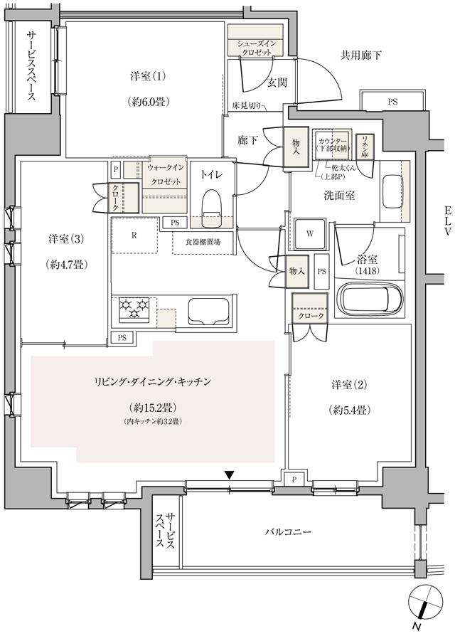 パークホームズ横浜伊勢町の間取り図　C：3LDK+WIC+SIC