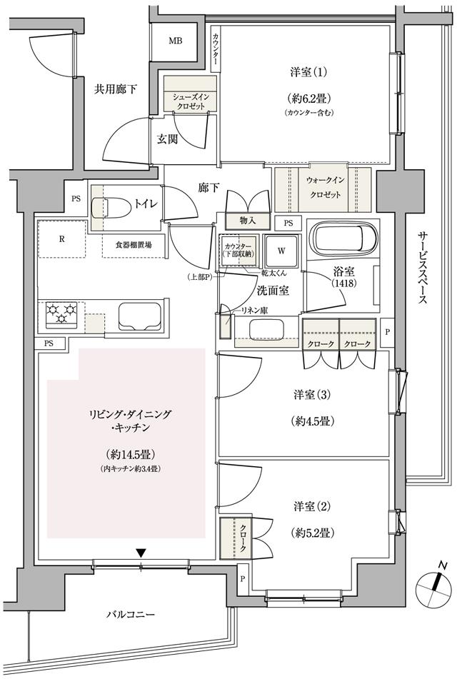 パークホームズ横浜伊勢町の間取り図　F：3LDK+WIC+SIC