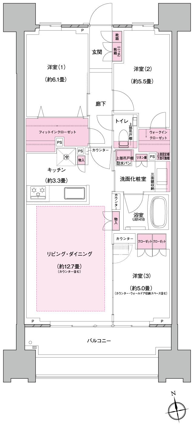 プラウド京王聖蹟桜ヶ丘の間取り図　B：3LDK+FIC+WIC