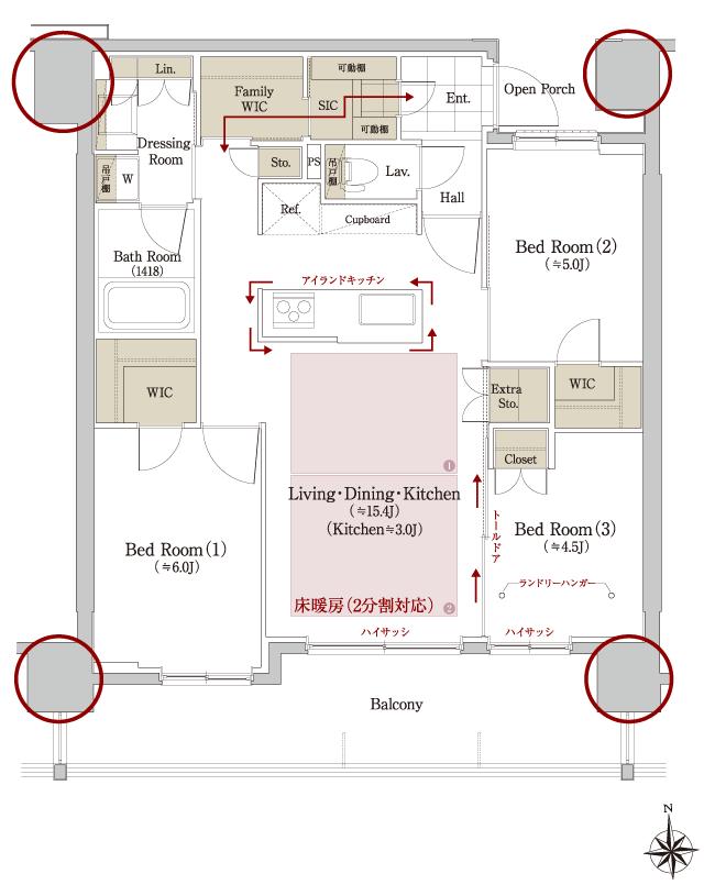 ヴェリテージ葛西の杜の間取り図　E2：3LDK+2WIC+FWIC+SIC
