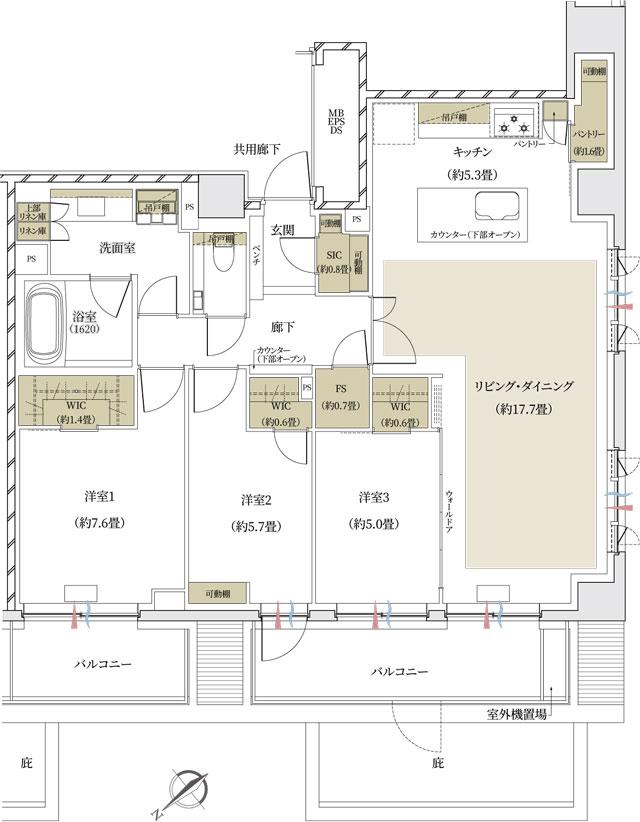 ザ・パークハウス 文京白山レジデンスの間取り図　U：3LDK+3WIC+SIC+FS+P