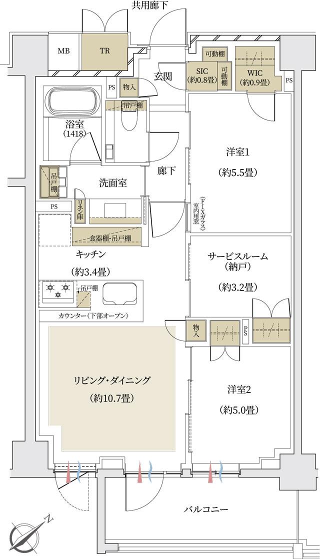 ザ・パークハウス 文京白山レジデンスの間取り図　G：2LDK+S+WIC+SIC+TR