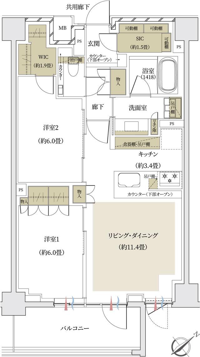 ザ・パークハウス 文京白山レジデンスの間取り図　I：2LDK+WIC+SIC
