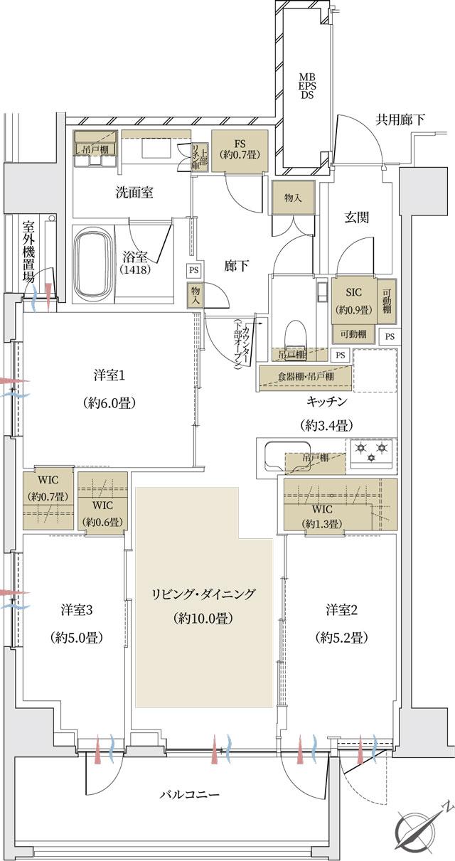 ザ・パークハウス 文京白山レジデンスの間取り図　L：3LDK+3WIC+SIC +FS