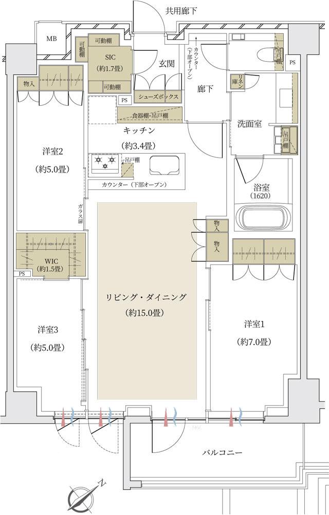 ザ・パークハウス 文京白山レジデンスの間取り図　T：3LDK+WIC+SIC