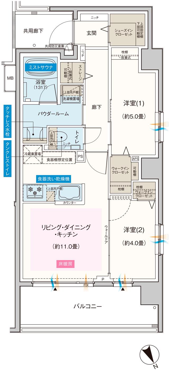 エクセレントシティ千葉松波の間取り図　H：2LDK+2WIC+ST+SIC