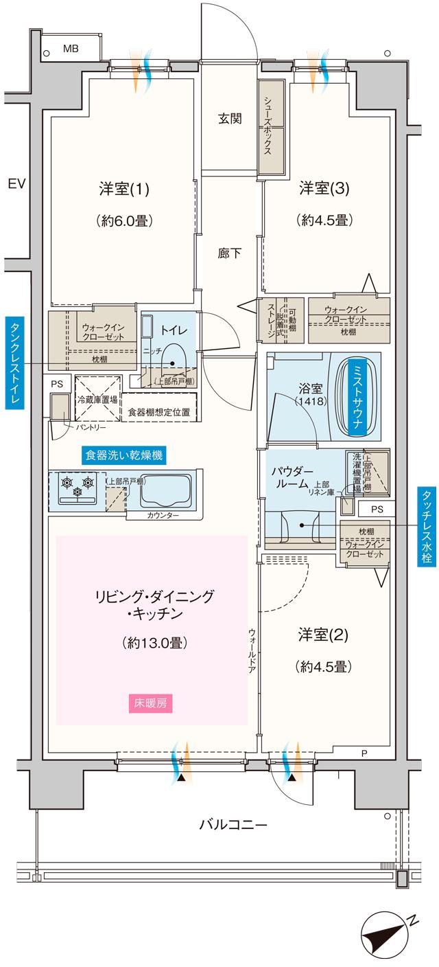 エクセレントシティ千葉松波の間取り図　E：3LDK+3WIC+ST