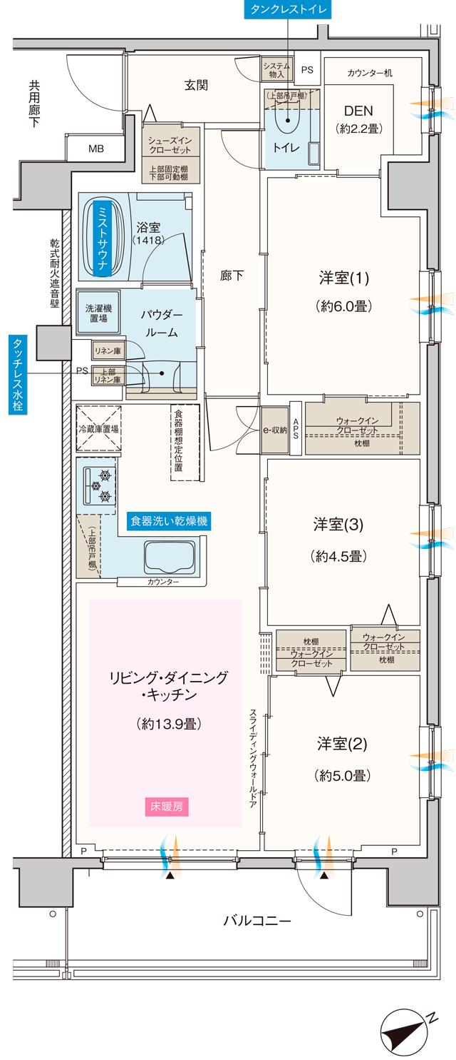 エクセレントシティ千葉松波の間取り図　G：3LDK+DEN+3WIC+SIC