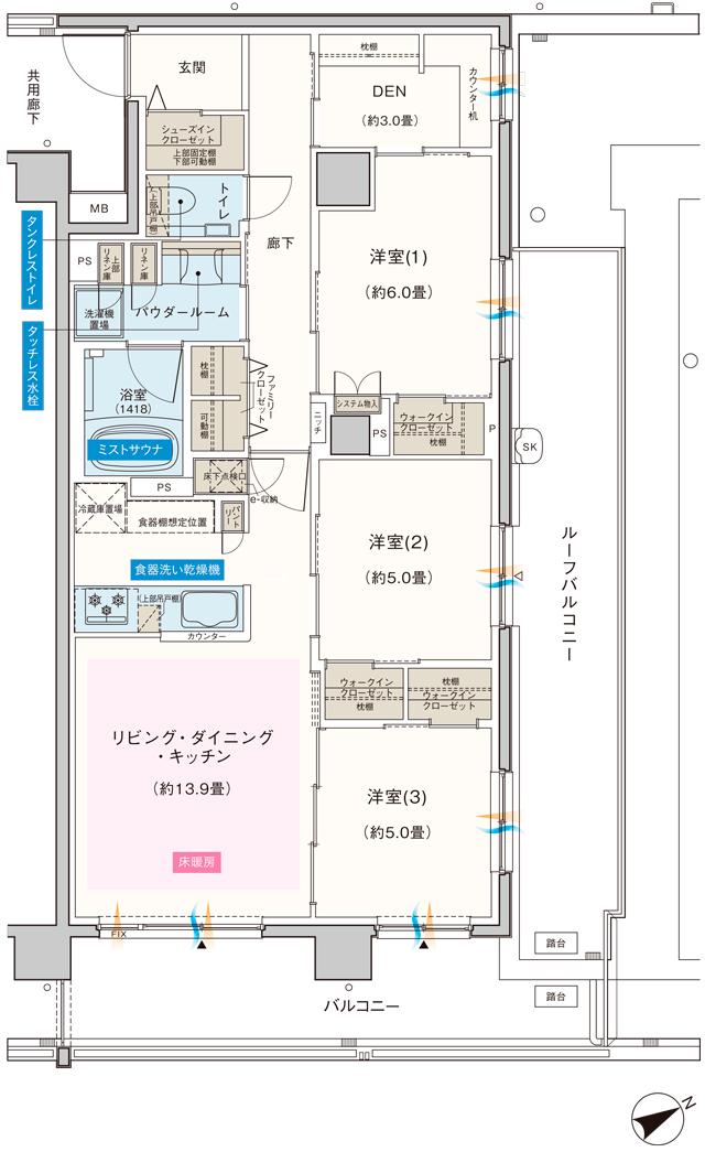エクセレントシティ千葉松波の間取り図　Jr：3LDK+DEN+3WIC+FC+SIC