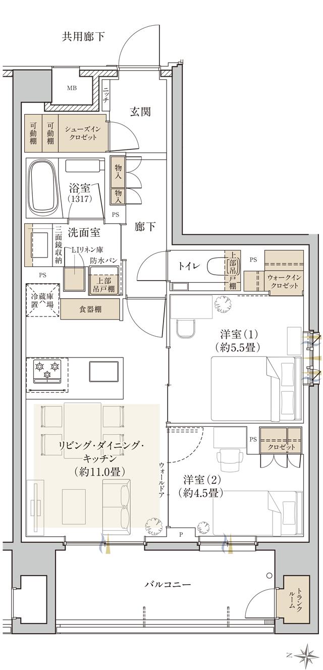 リビオ中野レジデンスの間取り図　C：2LDK+W+SIC