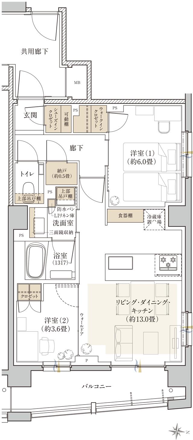 リビオ中野レジデンスの間取り図　D：2LDK+W+N+SIC