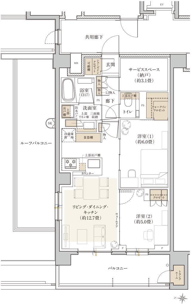 リビオ中野レジデンスの間取り図　Er：2LDK+S+W+SIC