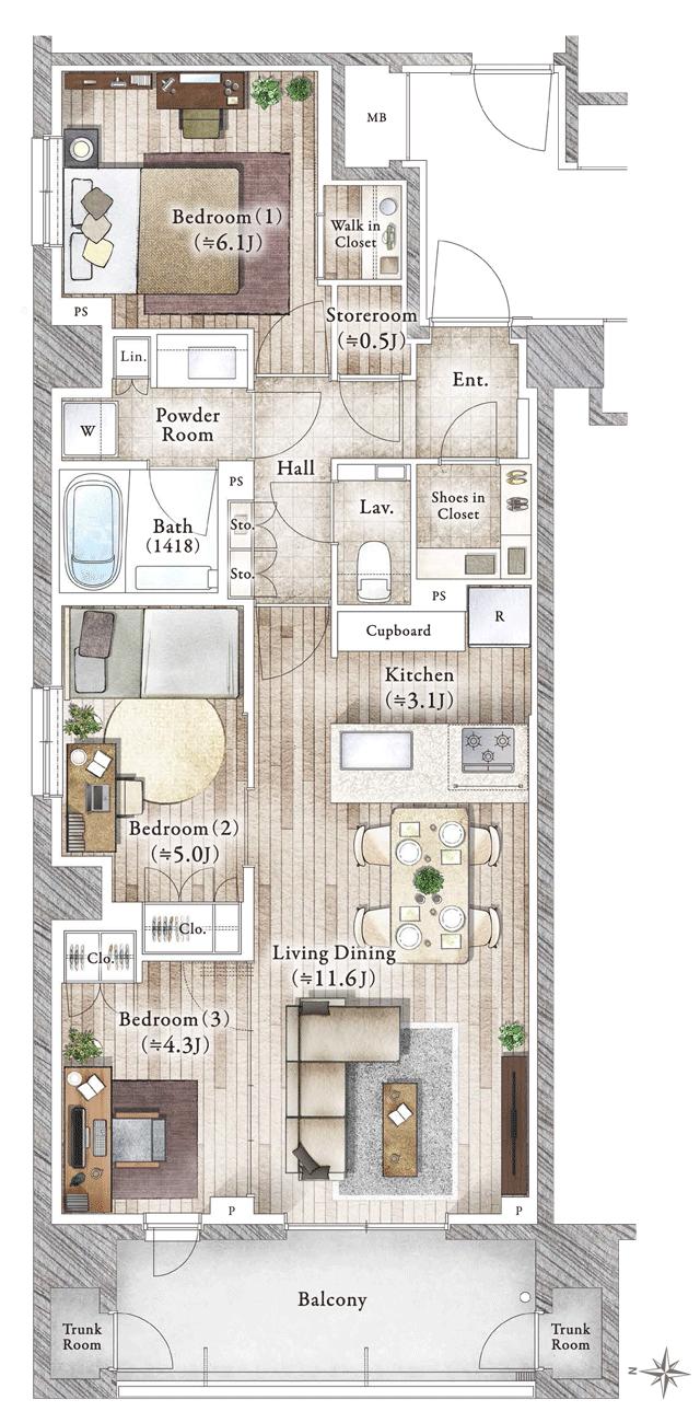 リビオ中野レジデンスの間取り図　A：3LDK+W+N+SIC