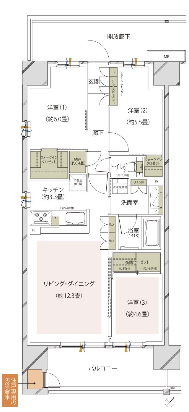 メイツ本厚木の間取り図　A：3LDK+N+2WIC
