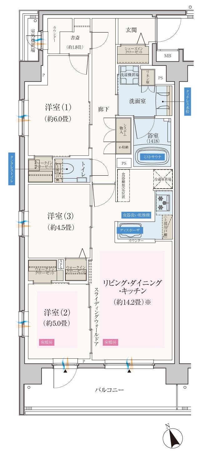 エクセレントシティ船橋夏見台の間取り図　A：3LDK+3WIC+書斎+SIC