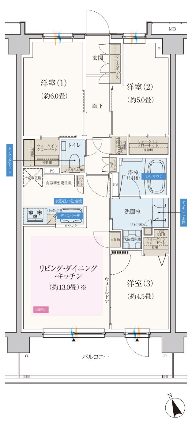 エクセレントシティ船橋夏見台の間取り図　B1：3LDK+3WIC+ST