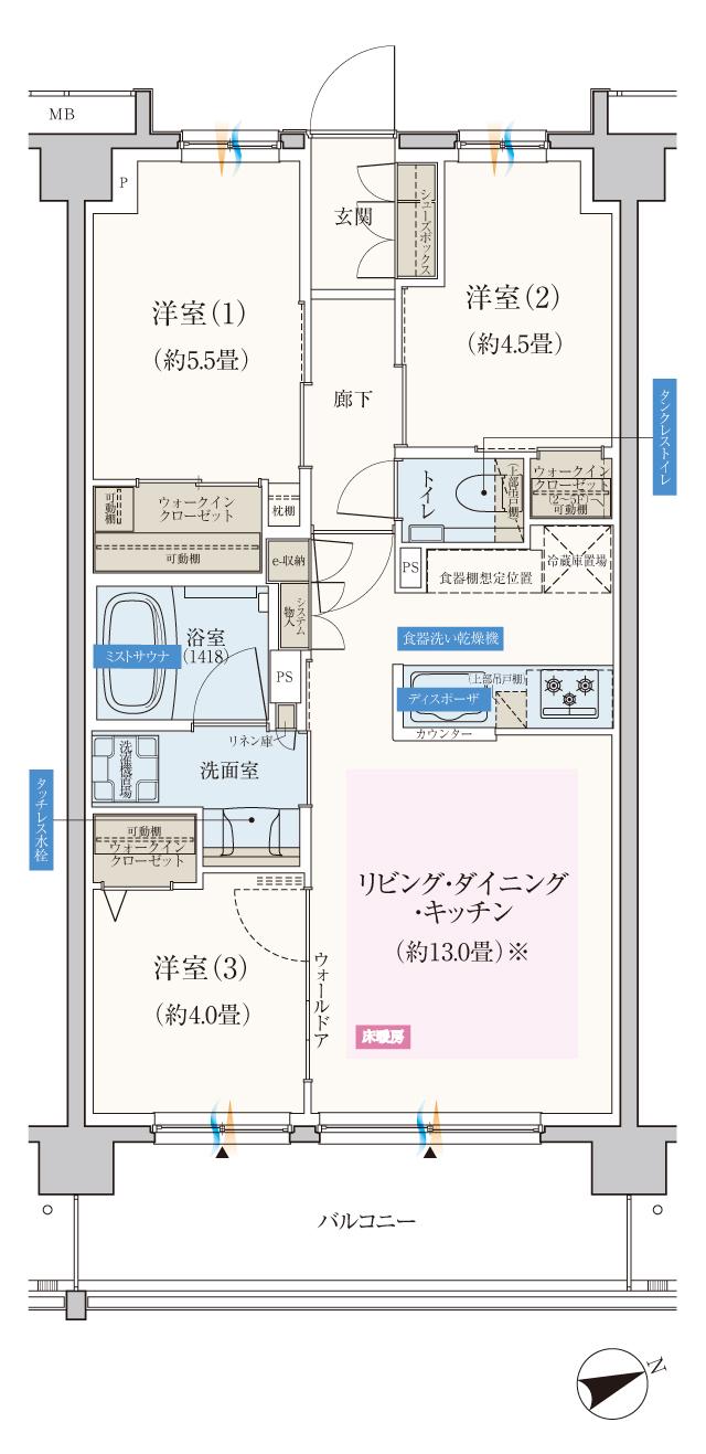 エクセレントシティ船橋夏見台の間取り図　F1：3LDK+3WIC