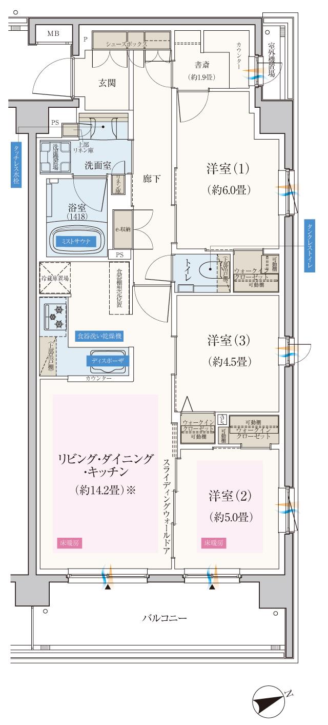 エクセレントシティ船橋夏見台の間取り図　H：3LDK+3WIC+書斎