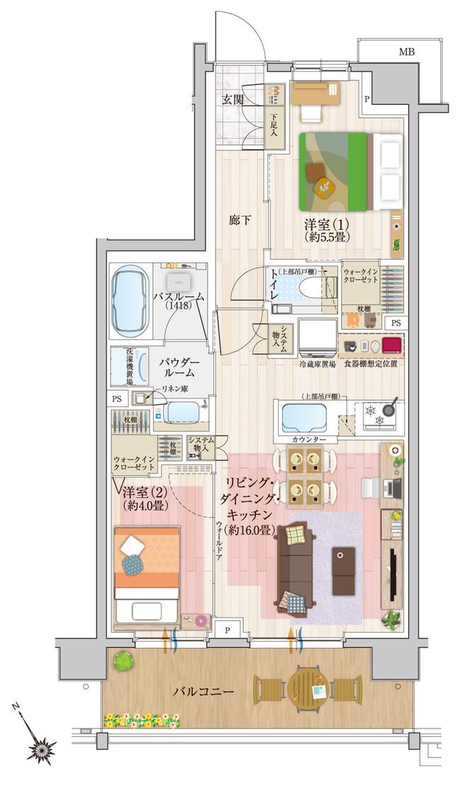 エクセレントシティ横濱天王町 ステーションサイドの間取り図　D(7F)：2LDK+2WIC