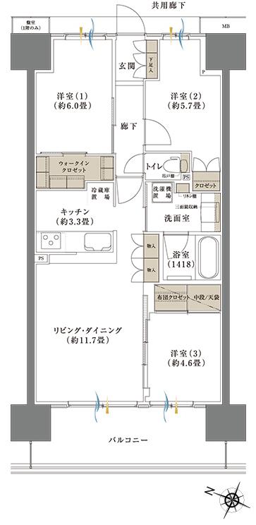 Brillia(ブリリア)City ふじみ野の間取り図　C-B'：3LDK+WIC