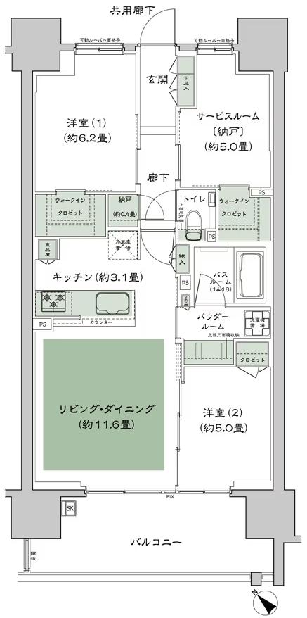 シティハウス平井サウスの間取り図　B1：2LDK+S(サービスルーム[納戸])+N(納戸)+2WIC(ウォークインクロゼット)