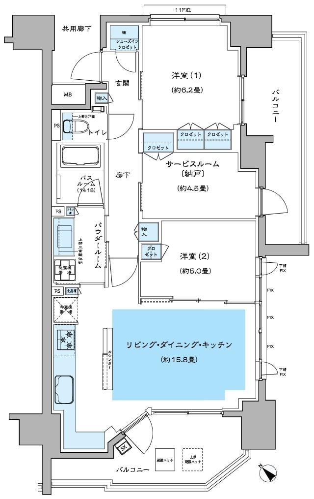 シティハウス平井サウスの間取り図　C2：2LDK+S(サービスルーム[納戸])+SIC(シューズインクロゼット)