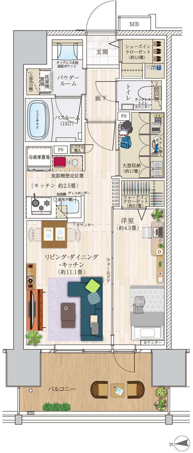 エクセレントシティ千葉 THE RISEの間取り図　B：1LDK+大型収納+WIC+SIC