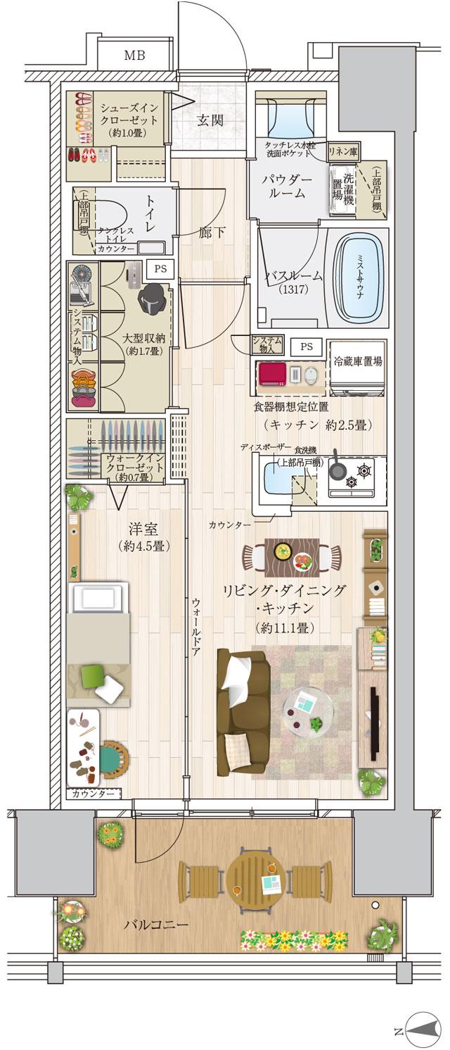エクセレントシティ千葉 THE RISEの間取り図　C：1LDK+大型収納+WIC+SIC