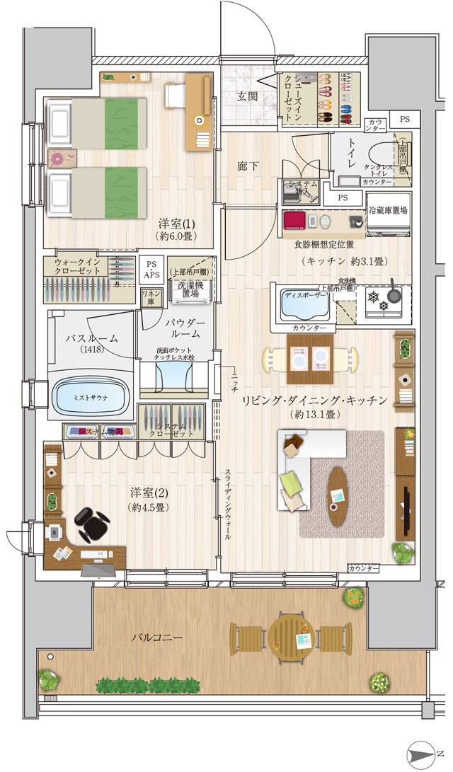 エクセレントシティ千葉 THE RISEの間取り図　E(15F)：2LDK+WIC+SIC