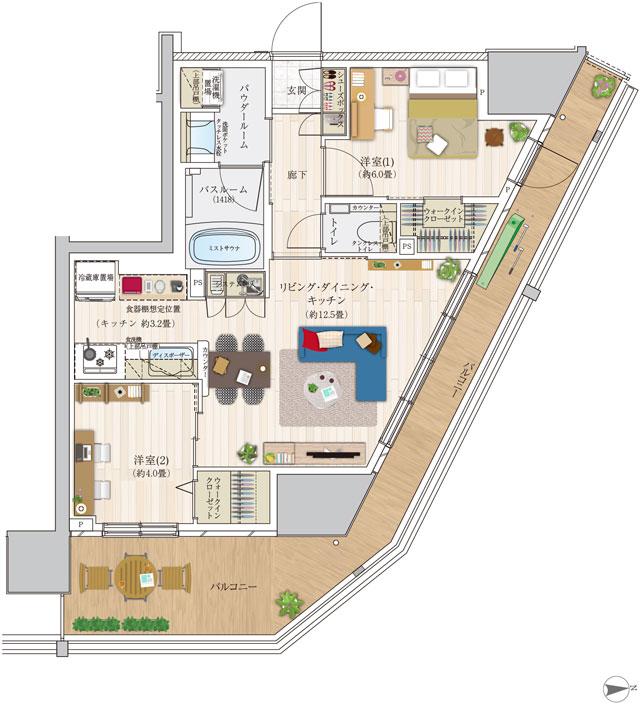 エクセレントシティ千葉 THE RISEの間取り図　F：2LDK+2WIC
