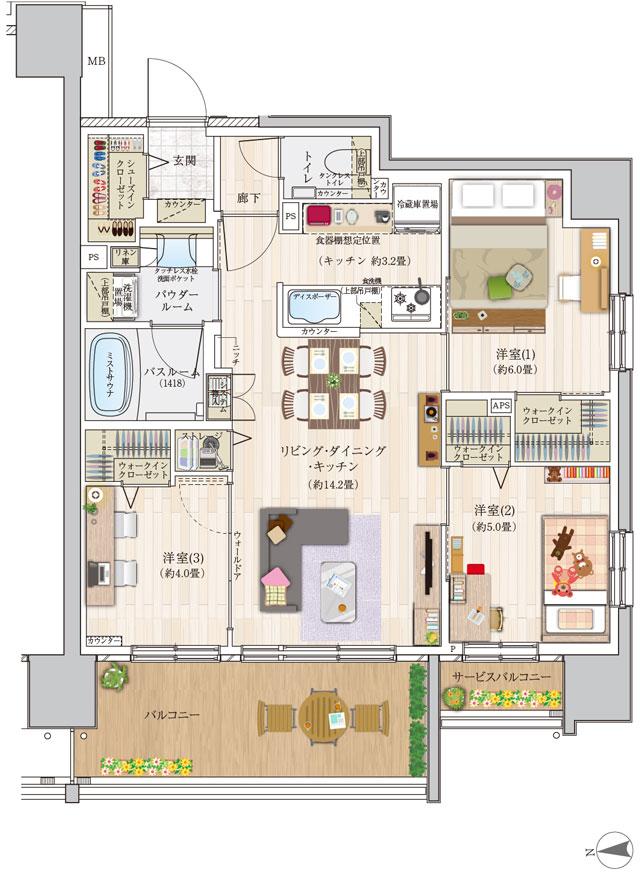 エクセレントシティ千葉 THE RISEの間取り図　D(15F)：3LDK+3WIC+ST+SIC