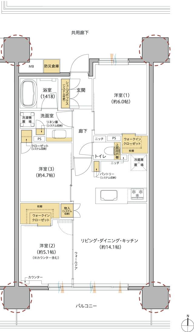 レ・ジェイド海老名の間取り図　SE：3LDK+2WIC