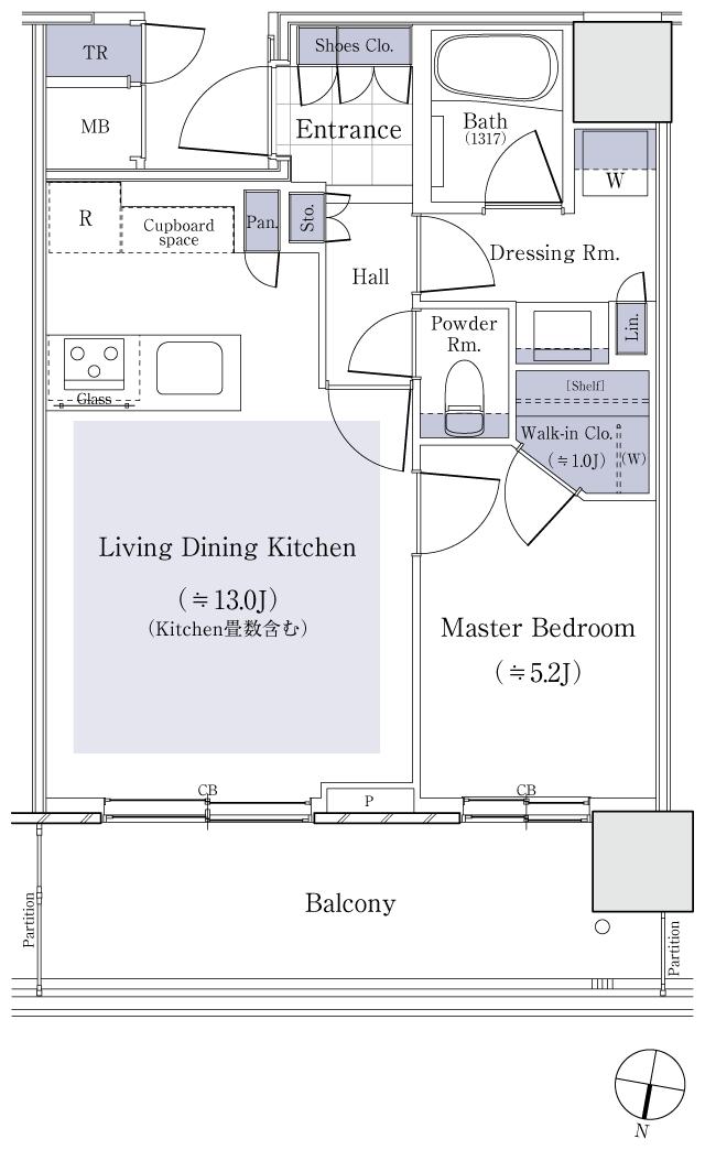 パークタワー渋谷笹塚の間取り図　45A：1LDK+WIC+TR
