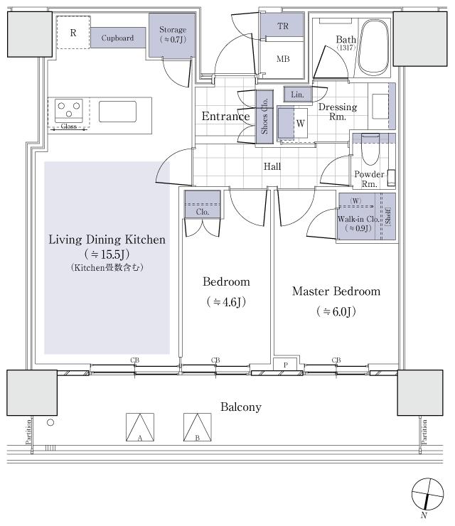 パークタワー渋谷笹塚の間取り図　60Db：2LDK+WIC+S+TR