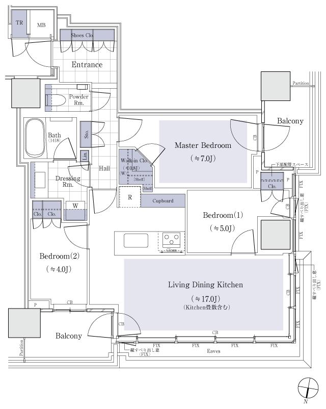 パークタワー渋谷笹塚の間取り図　75Ab：3LDK+WIC+TR