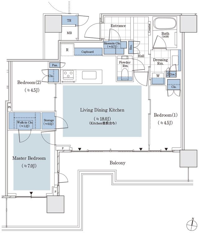 パークタワー渋谷笹塚の間取り図　76B：3LDK+WIC+SIC+S+TR