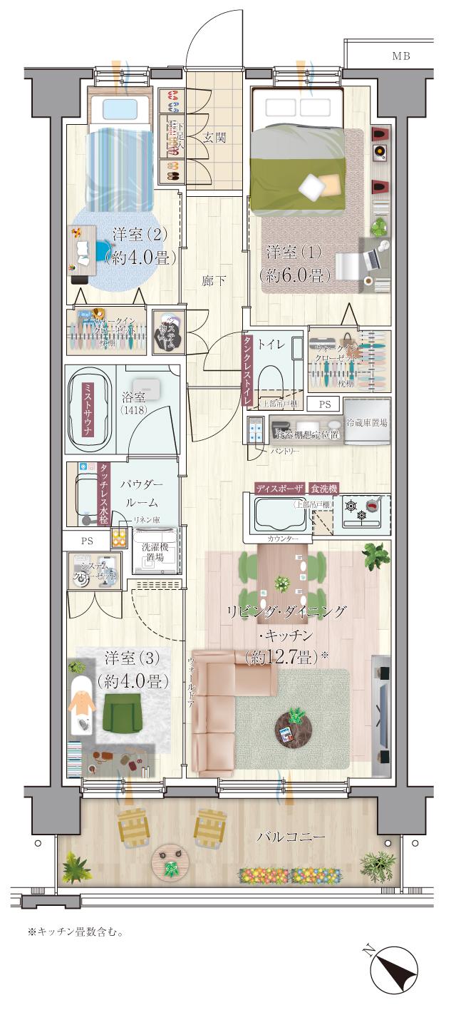 エクセレントシティ清瀬ザ・グレイスの間取り図　G：3LDK+2WIC