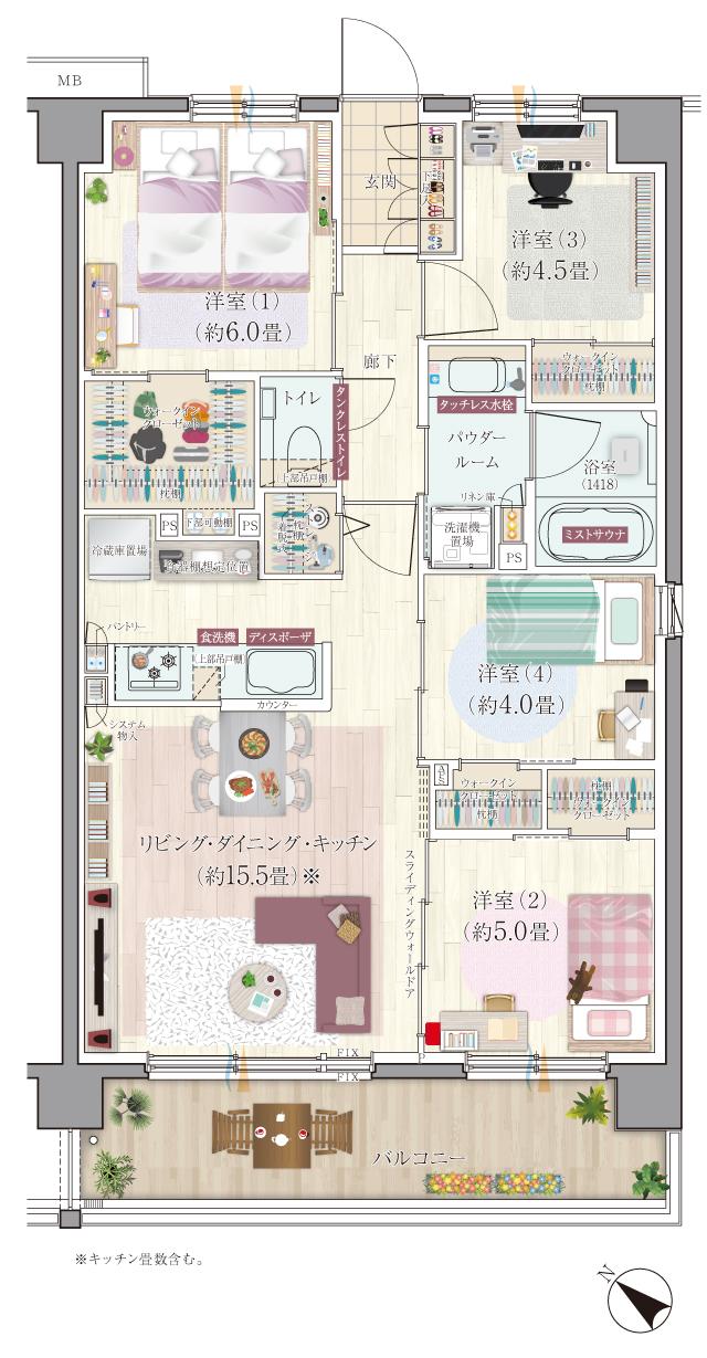 エクセレントシティ清瀬ザ・グレイスの間取り図　H：4LDK+4WIC+ST