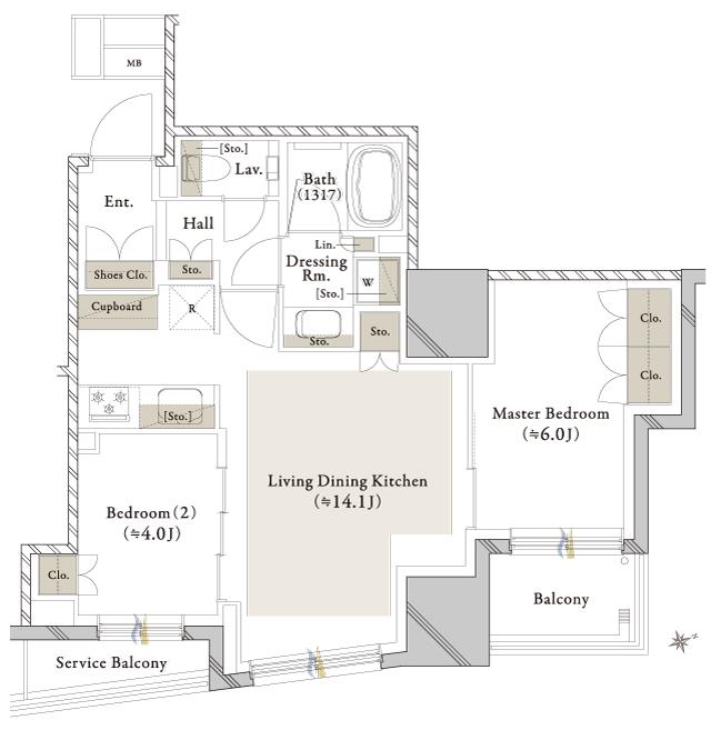 クレストタワー西日暮里の間取り図　E：2LDK