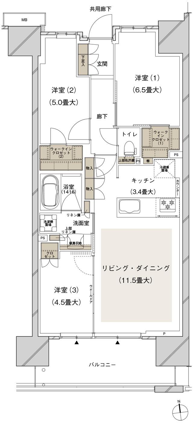 ブランズシティ船橋ビアレの間取り図　1-D1：3LDK+2WIC