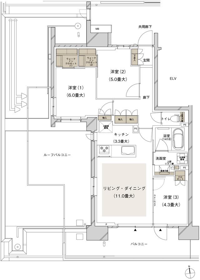 ブランズシティ船橋ビアレの間取り図　1-Gr：3LDK+2WIC