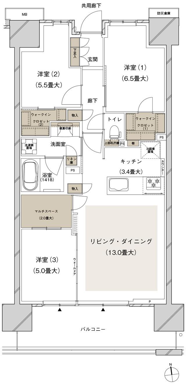 ブランズシティ船橋ビアレの間取り図　1-H：3LDK+2WIC+マルチスペース