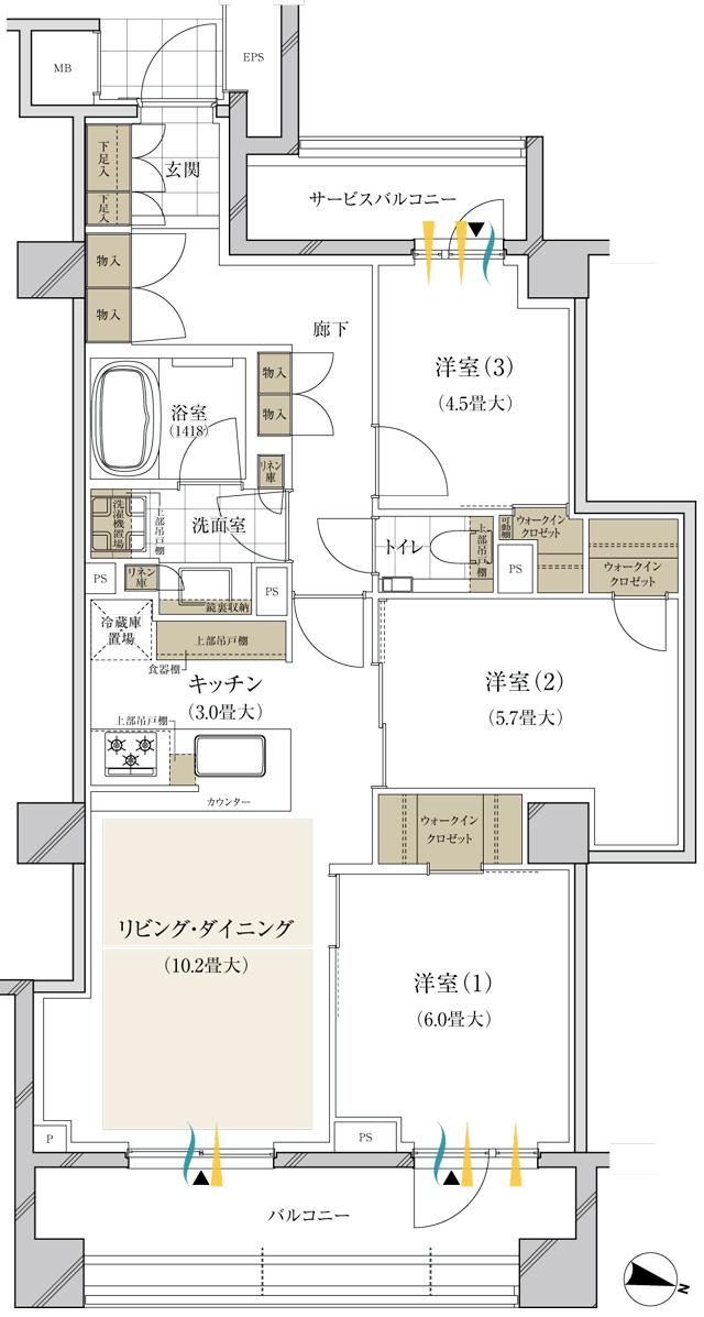 ブランズ西小山の間取り図　H：3LDK+3WIC