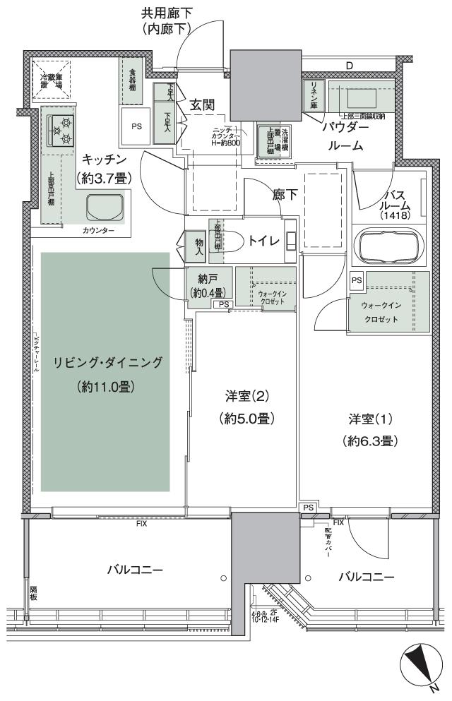 グランドヒルズ恵比寿の間取り図　65C2-1：2LDK+N(納戸)+2WIC(ウォークインクロゼット)
