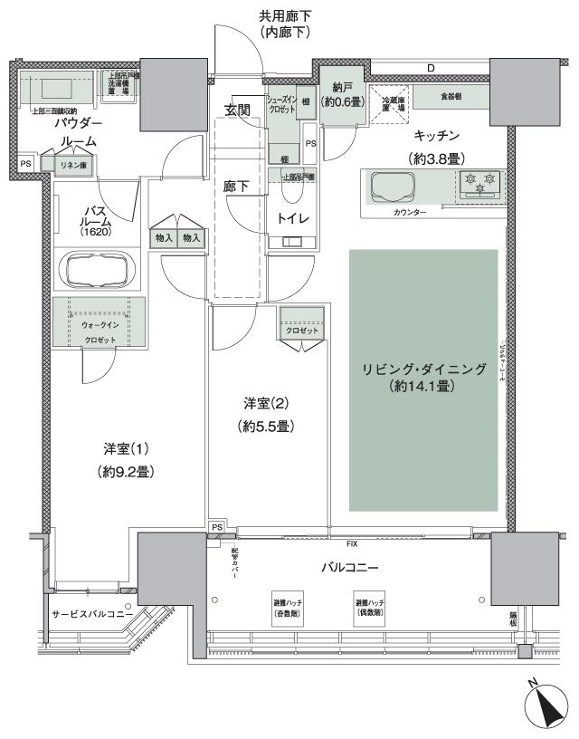 グランドヒルズ恵比寿の間取り図　75I-1：2LDK+N(納戸)+WIC(ウォークインクロゼット)+SIC(シューズインクロゼット)