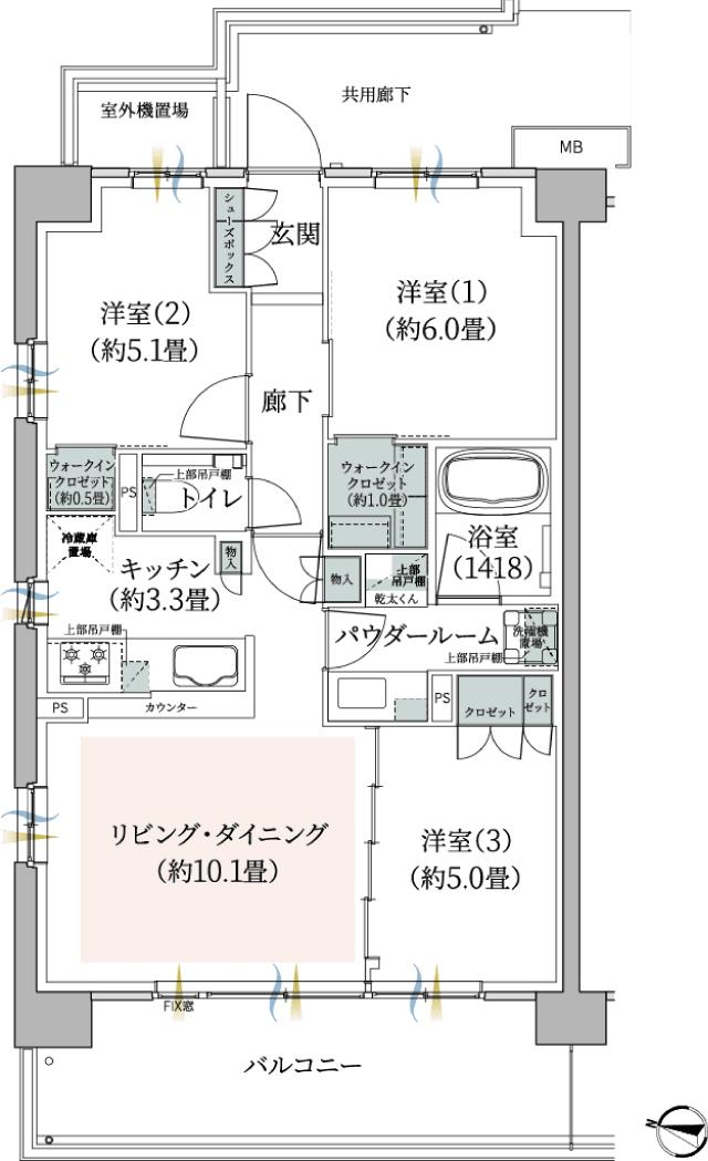 ヴィークステージ鷺沼の間取り図　A：3LDK+2WIC