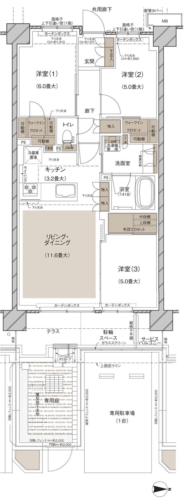 ブランズ大宮日進ビアレの間取り図　Jg：3LDK+2WIC+FC