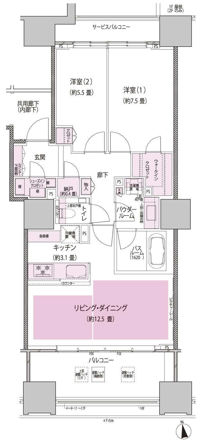 グランドヒルズ南青山の間取り図　D：2LDK+N(納戸)+WIC(ウォークインクロゼット)+SIC(シューズインクロゼット)