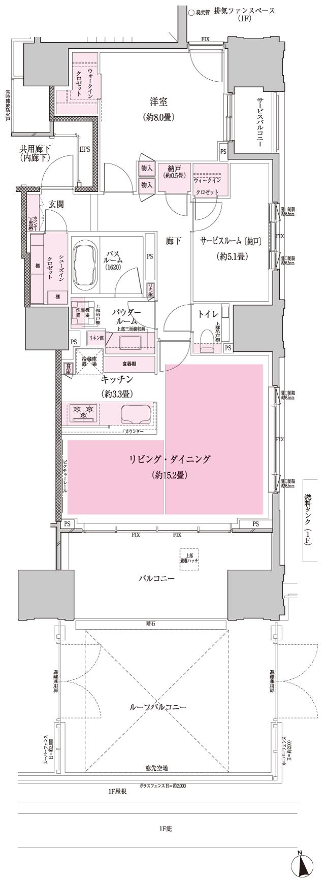 グランドヒルズ南青山の間取り図　Gr：1LDK+S(サービスルーム[納戸])+N(納戸)+2WIC(ウォークインクロゼット)+SIC(シューズインクロゼット)